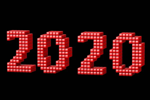 Концепція новорічного тексту 2020 року, зроблена з кубиків або пікселів, або тексти, ізольовані на чорному тлі. 3D рендеринг — стокове фото