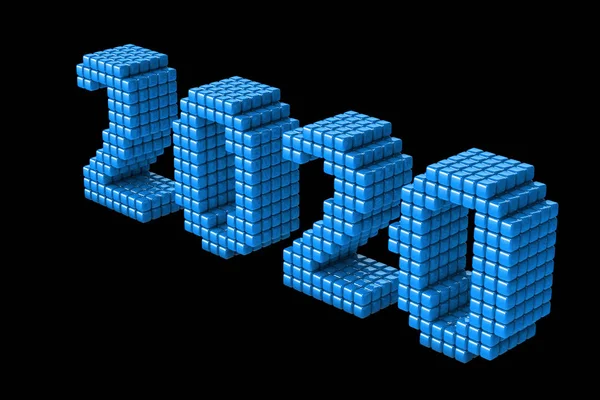 Concept of 2020 New Year text, made from cubes or pixels, or texels isolated on black background. 3D Render — Stock Photo, Image