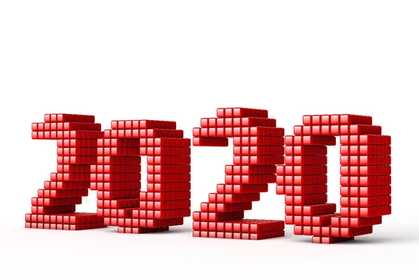 Concepto de 2020 Texto de Año Nuevo, hecho de cubos o píxeles o texeles, aislado sobre fondo blanco con sombras. Renderizado 3D —  Fotos de Stock