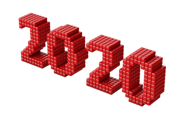 Concetto di 2020 Testo di Capodanno, composto da cubi o pixel, isolato su sfondo bianco senza ombre. Render 3D — Foto Stock