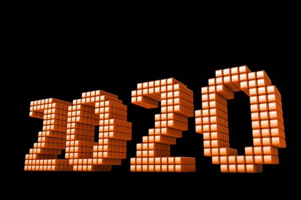 Concetto di 2020 Testo di Capodanno, composto da cubi o pixel, o texels isolati su sfondo nero. Render 3D — Foto Stock