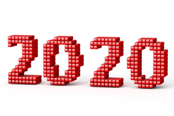 Concept of 2020 New Year text, made from cubes or pixels or texels, isolated on white background with shadows. 3D Render — Stock Photo, Image