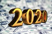 Koncept zlata 2020 nový rok na pozadí s maoney dolary. prostorové vykreslení