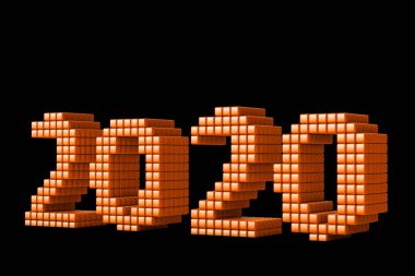 2020 Yeni Yıl metin kavramı, küpler veya piksel, ya da siyah arka plan üzerinde izole texels yapılmış. 3d Render