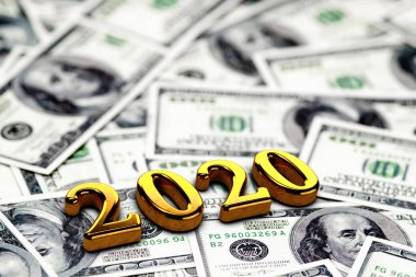 Maoney dolar arka plan altın 2020 Yeni Yıl metin Kavramı. 3d Render