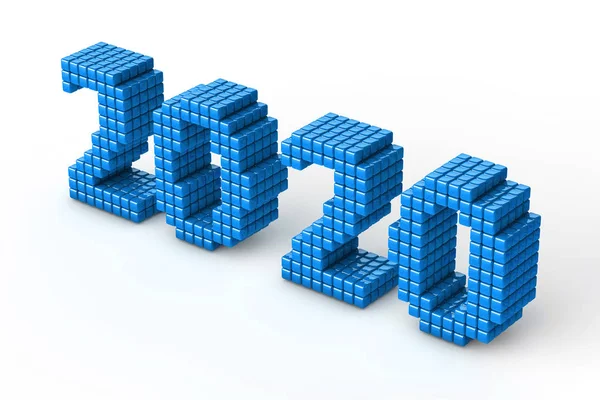 Concept of 2020 New Year text, made from cubes or pixels or texels, isolated on white background with shadows. 3D Render