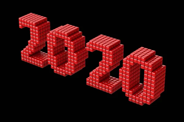 Concepto de 2020 Texto de Año Nuevo, hecho de cubos o píxeles, o texeles aislados sobre fondo negro. Renderizado 3D —  Fotos de Stock