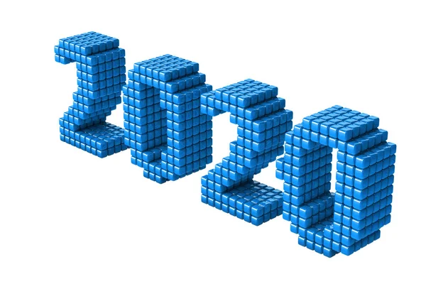 Concepto de texto de Año Nuevo 2020, hecho de cubos o píxeles, aislado sobre fondo blanco sin sombras. Renderizado 3D — Foto de Stock