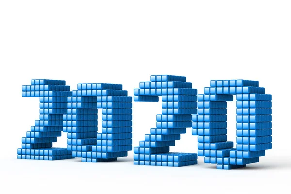 Concept of 2020 New Year text, made from cubes or pixels or texels, isolated on white background with shadows. 3D Render