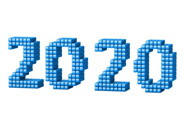 Konzept des Neujahrstextes 2020 aus Würfeln oder Pixeln, isoliert auf weißem Hintergrund ohne Schatten. 3D-Darstellung — Stockfoto