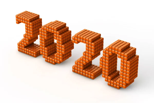 Konzept des Neujahrstextes 2020, aus Würfeln oder Pixeln oder Texeln, isoliert auf weißem Hintergrund mit Schatten. 3D-Darstellung — Stockfoto