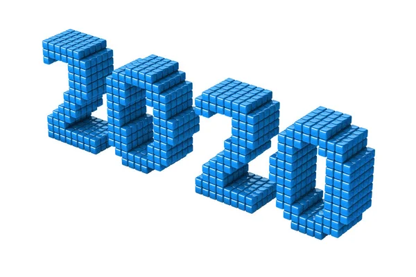 Концепция новогоднего текста 2020 года, выполненного из кубиков или пикселей, выделена на белом фоне без теней. 3D Render — стоковое фото