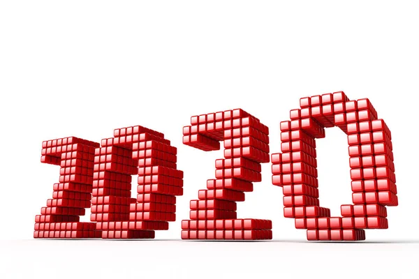 Concept of 2020 New Year text, made from cubes or pixels or texels, isolated on white background with shadows. 3D Render