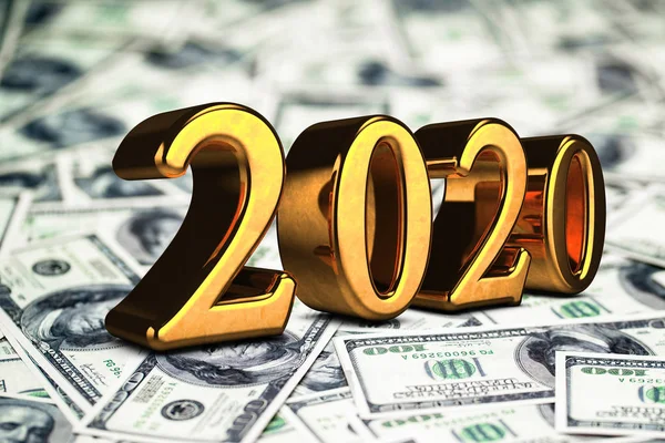 Concepto de oro 2020 Texto de Año Nuevo sobre fondo maoney dollars. Renderizado 3D —  Fotos de Stock