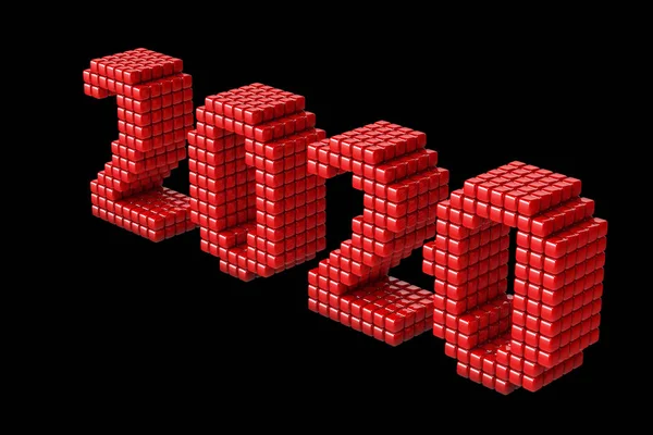 Concept of 2020 New Year text, made from cubes or pixels, or texels isolated on black background. 3D Render — Stock Photo, Image