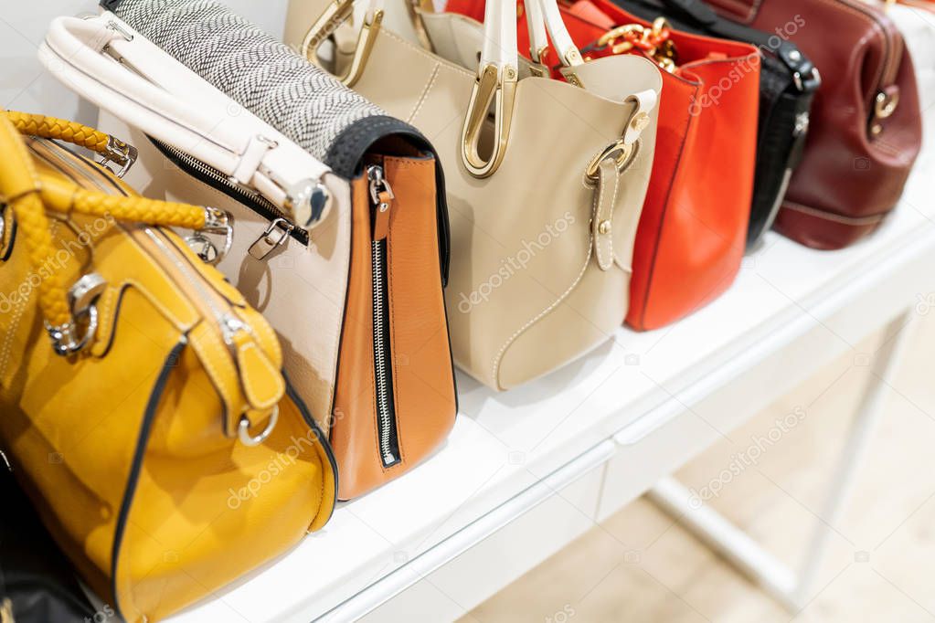 Close up collection of woman feminine handbags, standing in a row on shelf