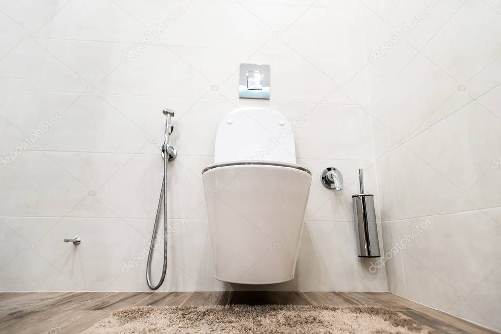 Wide angle photo of toilet bowl in water closet on the wall