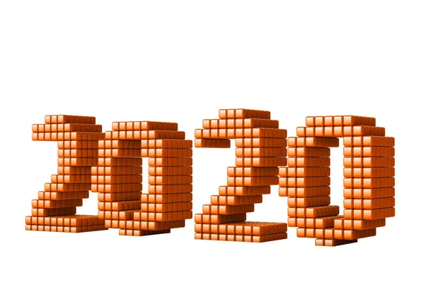 Концепція новорічного тексту 2020 року, зроблена з кубиків або пікселів, ізольована на білому тлі без тіней. 3D рендеринг — стокове фото