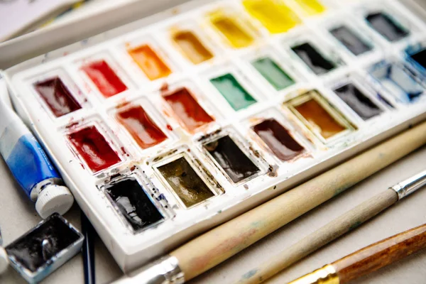 Boya fırçası ile suluboya boyalar ayarlayın. Sanat kavramı