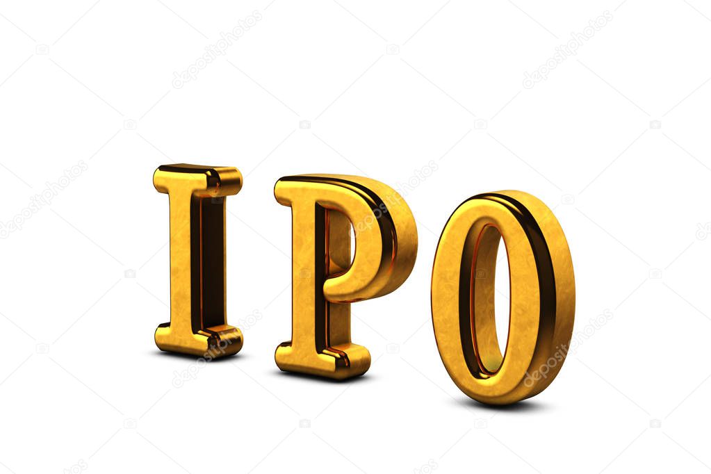 Conceptual golden abbreviation of IPO - Initial Public Offering isolated on white background with shadows. 3D Render