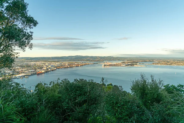 Tauranga Harbour Port Wharves Distant Hills — Stock Photo, Image