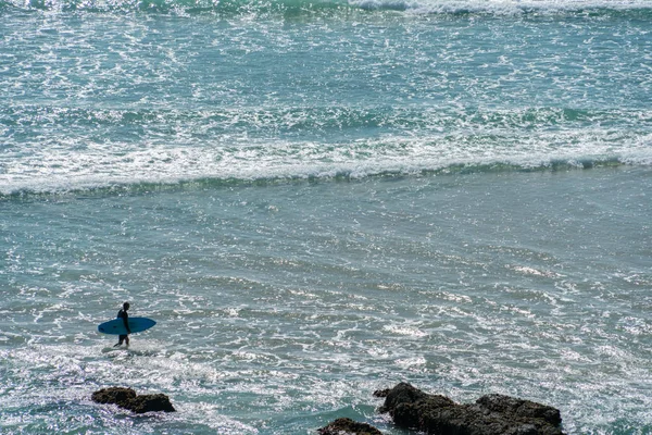 Фон Surf Широкий Пляж Walikng Surfer Проведення Ради Через Мілководді — стокове фото