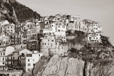 Manarola İtalya - Nisan 25 2011; Kadın La Donna Delluva, orjinal adıyla üzüm bronz heykel, arka plan geleneksel yamaç köyü binalar Cinque Terre Akdeniz üzerinde karşı 1971 yılında Antonio Pujia tarafından oluşturulmuş