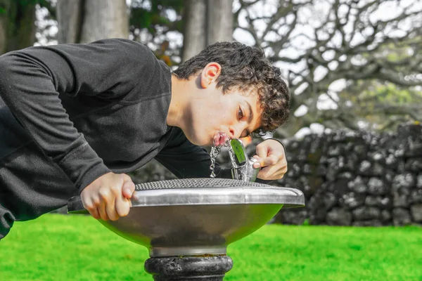 Drinking Cool Fresh Water Water Fountain Close — Stock Photo, Image