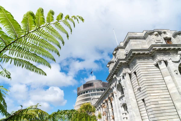 New Zealand Government buildings, House neo classical style House of Parliament with Beehive behind with iconic ponga fern frond one of NZ\'s emblems.