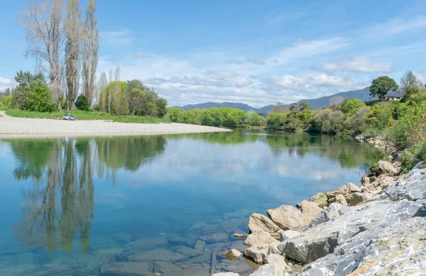 Croissance Printanière Verte Feuilles Saule Long Des Rives Pittoresque Rivière — Photo