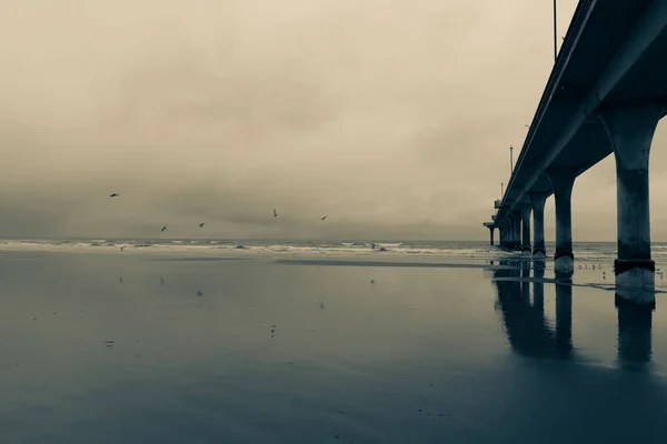 New Brighton Pier Long Pier Disappearing Sea Low Tide Wet — Φωτογραφία Αρχείου