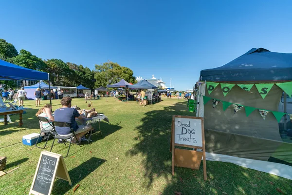 新西兰 Maunganui 2019年2月10日 周日在加冕公园农贸市场的摊贩摊位和公共买家与游轮雄伟公主的背景 — 图库照片