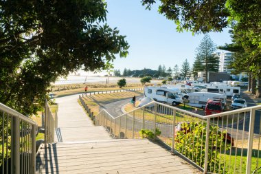 Tauranga, Yeni Zelanda - 11 Şubat 2019; Ahşap yol boyunca waterfront dibinde kamp geçmiş Mount Maunganui güneş patlaması bthrough pohutukawa ağaçları ile zemin.