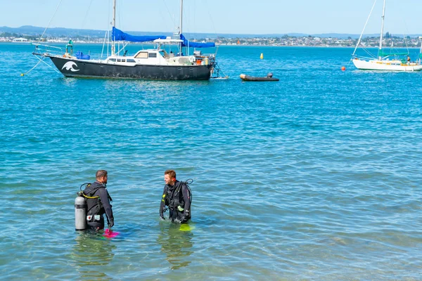 Plongeurs entrant dans l'eau au quai de la baie Pilot pour nettoyer chaque année la plage — Photo