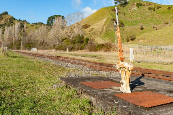 Rostige Eisenbahnstrecken Und Schalthebel Whangamomona Vergessenen Highway Neuseeland — Stockfoto