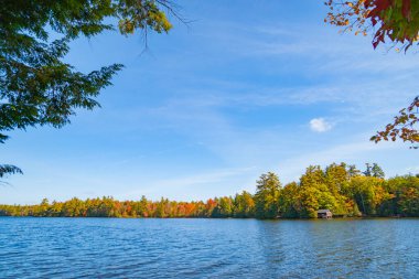 Beautiful autumn colors of surrounding woodlands of Lake Echo, Maine, USA. Highway 17. clipart