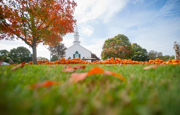 Cooper Parish New England Daki Geleneksel Beyaz Kilisesinin Dışında Balkabağı — Stok fotoğraf