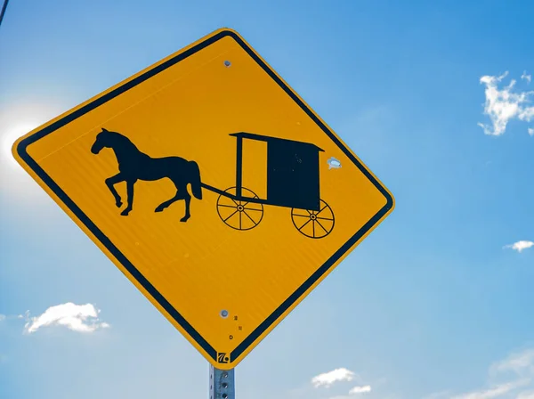 Traditionelles Straßenschild Der Amischen Mit Pferden Und Kinderwagen Lancaster County — Stockfoto