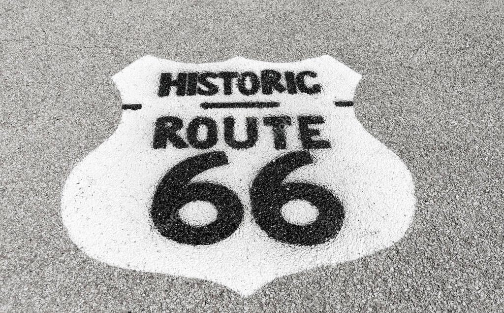 Historic Route 66 sign on pavement near Dwight, Illinois, USA.dng
