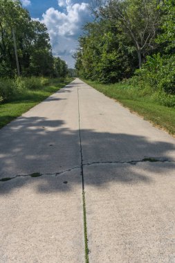 66. Otoyol 'un uzun beton yolları artık kullanılmayan yollara karışıyor. Çimenler, çimler ve ağaçlarla çevrili, MO' da.