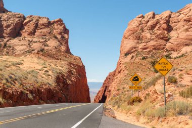 Arizona 'da yol gezisi. Karayolu üzerinde. İki dev kırmızı kaya kayalığı arasında koşuyor..