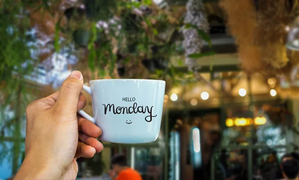 Hello Monday text on coffee mug hand holding in cafe