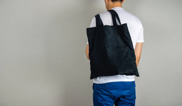 Man Hanging Black Tote Bag Back — Stock Photo, Image