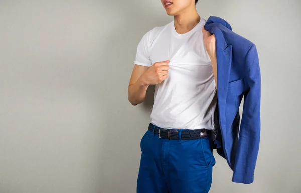 Waving Shirt Hot Gesture Man Grey Background — Stock Photo, Image
