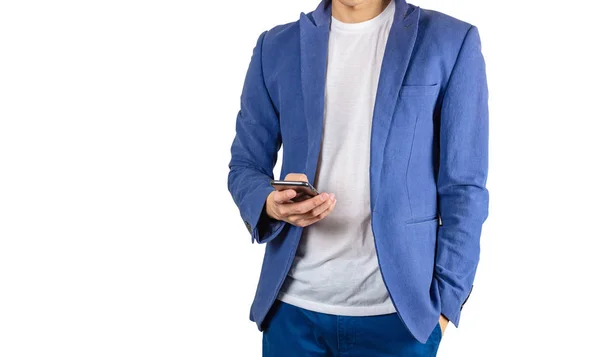 Man Wearing Suit Using Phone Isolated White Background Clipping Path — Stock Photo, Image