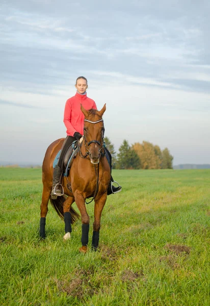 Junge Frau Reitet Pferd Auf Grüner Weide Herbstlicher Landschaft — Stockfoto