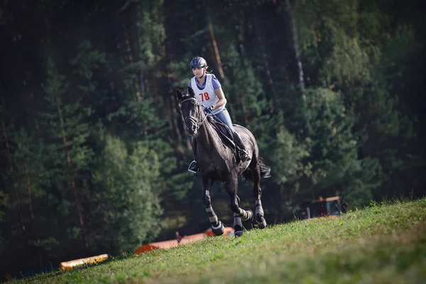 Mulher Cavaleiro Cavalo Esporte Preto Galopando Energeticamente Obstáculo Para Saltar — Fotografia de Stock