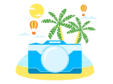 Yaz seyahat, turizm. Kamera, palmiye ağaçları ve egzotik ada ile kolaj. Turizm sezonu. Vektör çizim