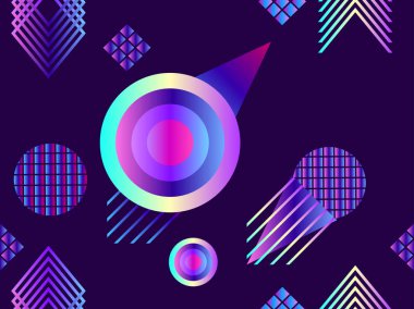 Memphis seamless modeli. Holografik geometrik şekiller, degradeler, 80 lerin retro tarzı. Memphis tasarım arka plan. Vektör çizim