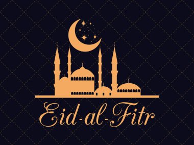 Eid al Bayramı. İslami Tatil. Bir cami ve ay ile tebrik kartı. EID mübarek. Vektör çizim
